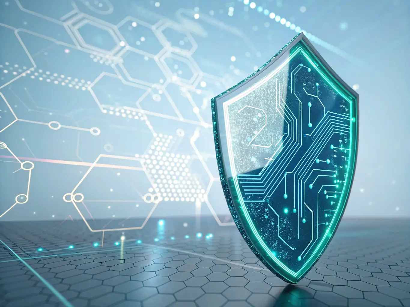 An image depicting a shield icon overlaying a digital network, symbolizing cybersecurity.