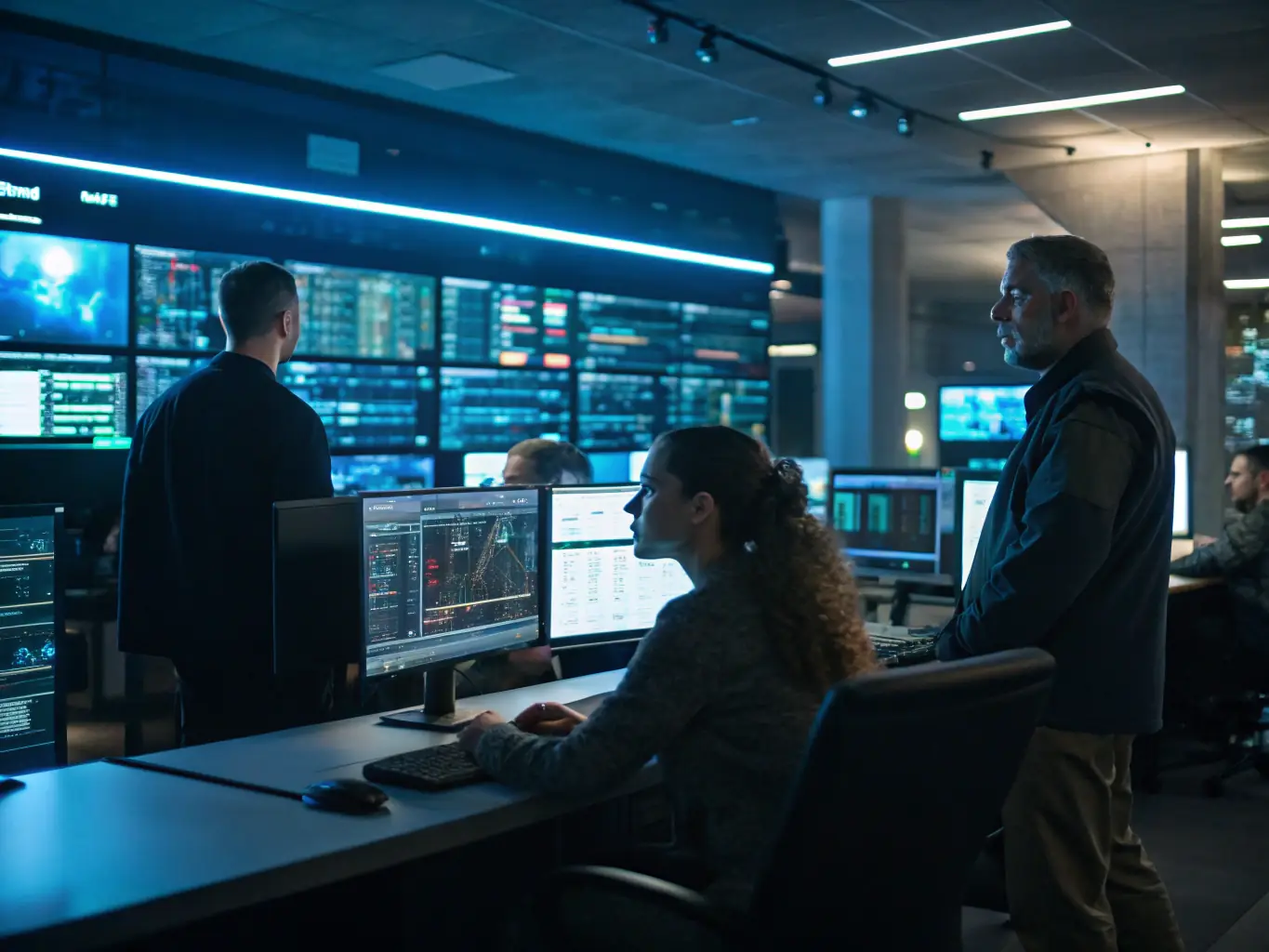 An image showing a network operations center with multiple screens displaying system metrics and alerts, representing 24/7 system monitoring.