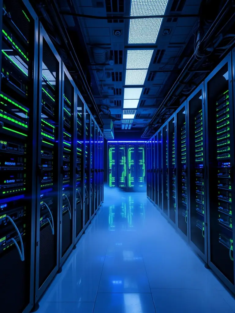 A server room filled with blinking lights and neatly arranged cables, symbolizing the reliable infrastructure Daemon Technology Solutions provides.