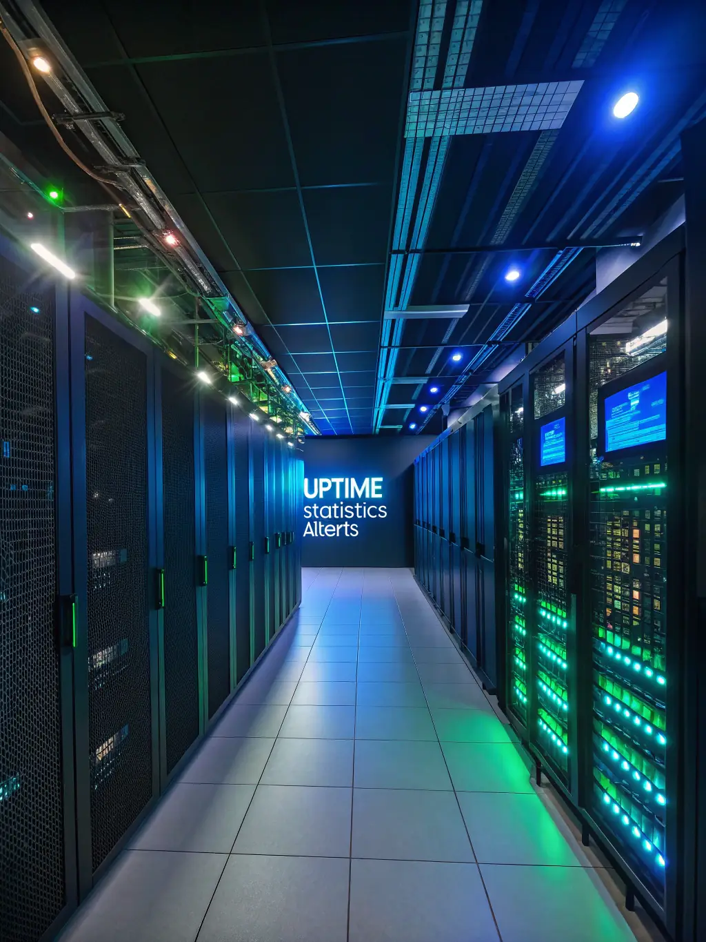 A server room with blinking lights and cables, symbolizing system monitoring and maintenance provided by Daemon Technology Solutions.