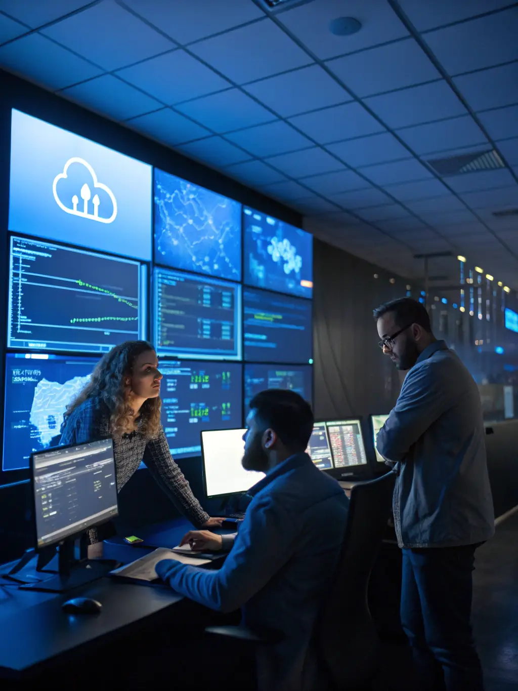 A team of IT professionals monitoring a network, showcasing the proactive support offered by Daemon Technology Solutions.